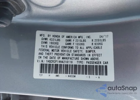 2017 Honda Accord Sport Se from USA, damaged, VIN 1HGCR2F14HA216116